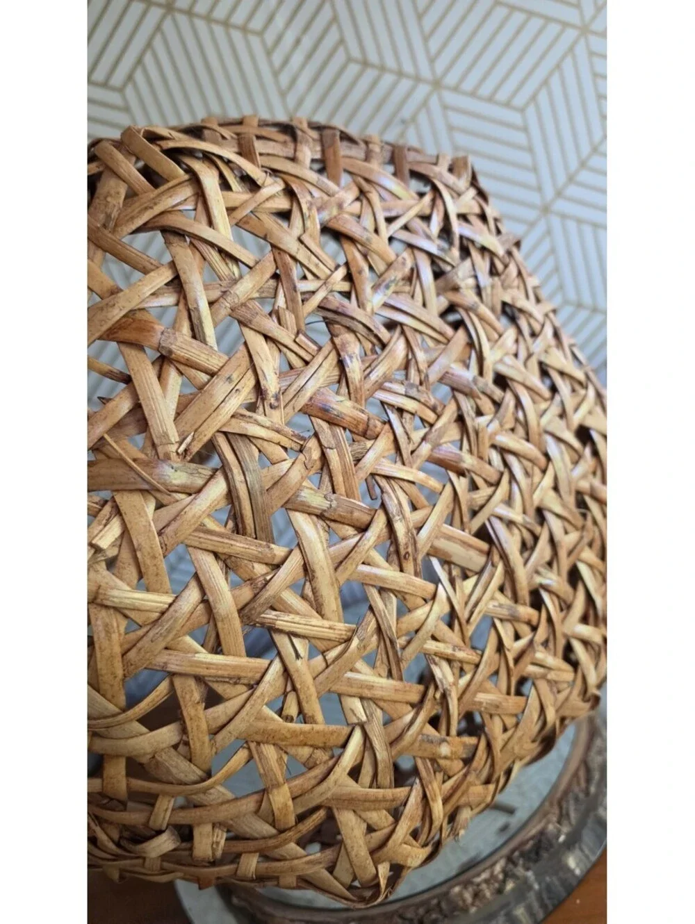 Vintage Woven Bamboo Splint and Wicker Gathering Basket Lg Arched Handle 15